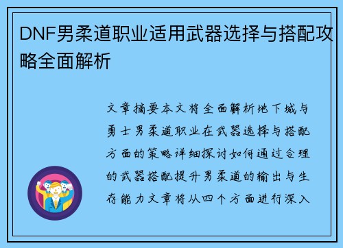DNF男柔道职业适用武器选择与搭配攻略全面解析