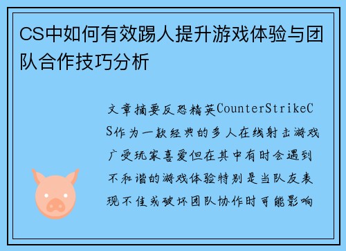 CS中如何有效踢人提升游戏体验与团队合作技巧分析